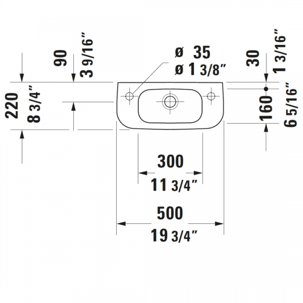 Duravit D-code WM Basin LH 500x220mm_Stiles_TechDrawing_Image3