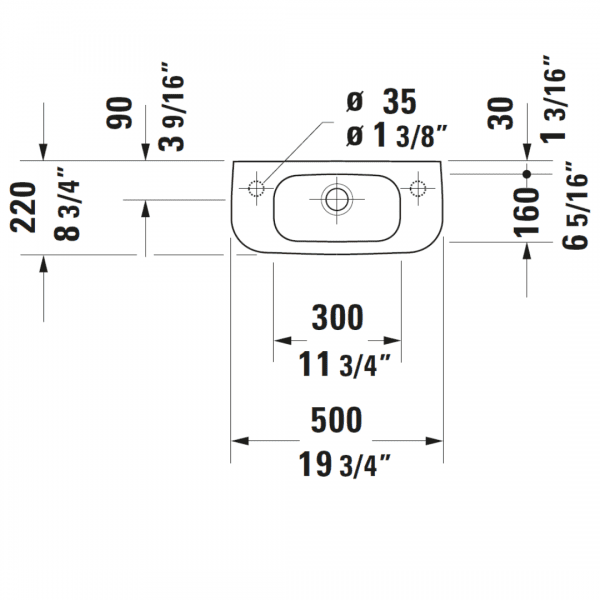 Duravit D-code WM Basin RH 500x220mm_Stiles_TechDrawing_Image3