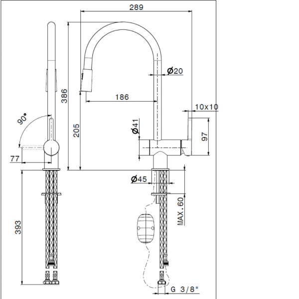 65925 Newform Ergo Double Jet Sink Mixer (with pull out swivel spout)_Stiles_TechDrawing_Image