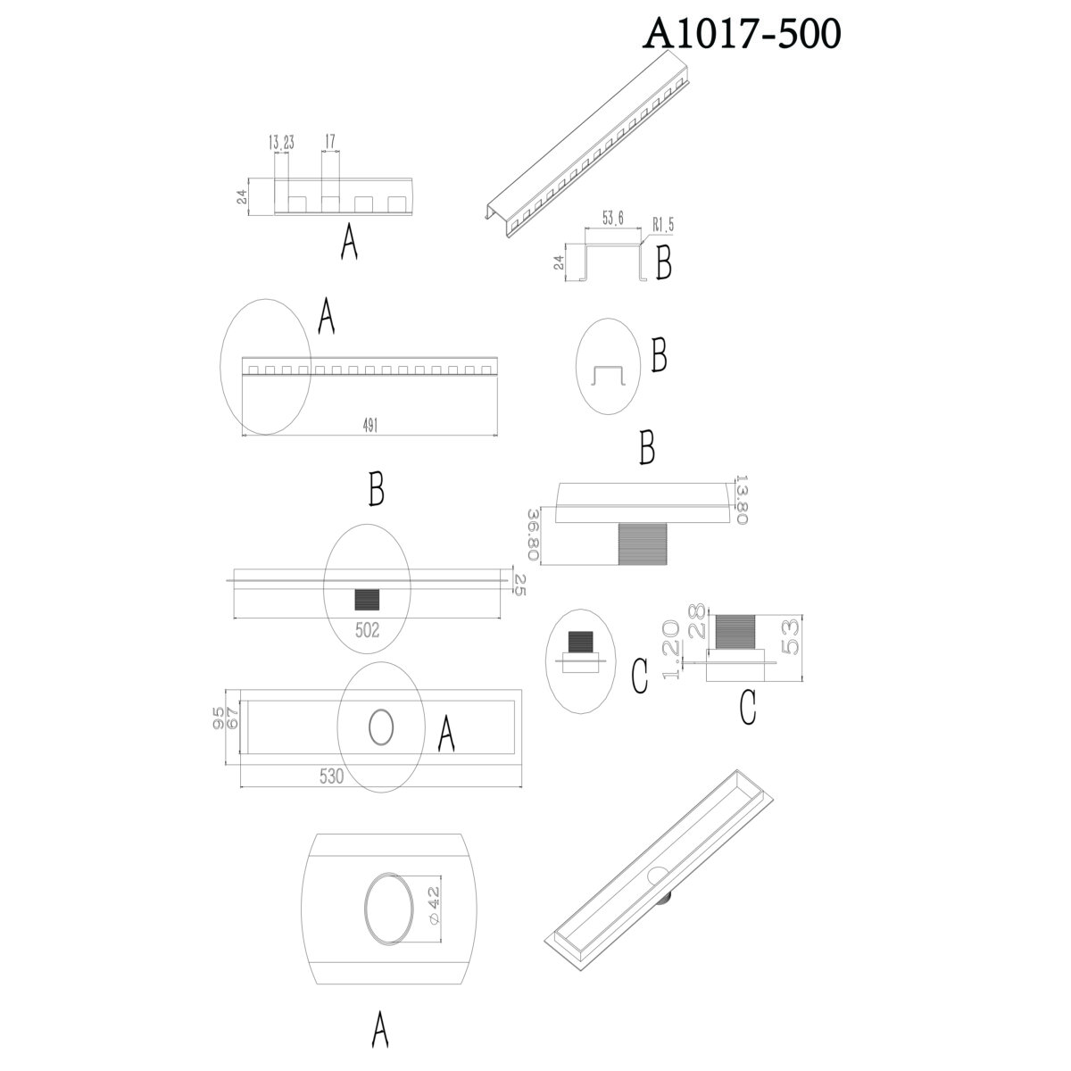 A1017-500 Gio Bella SHOWER CHANNEL 500MM SOLID GRID SS_Stiles_TechDrawing_Image
