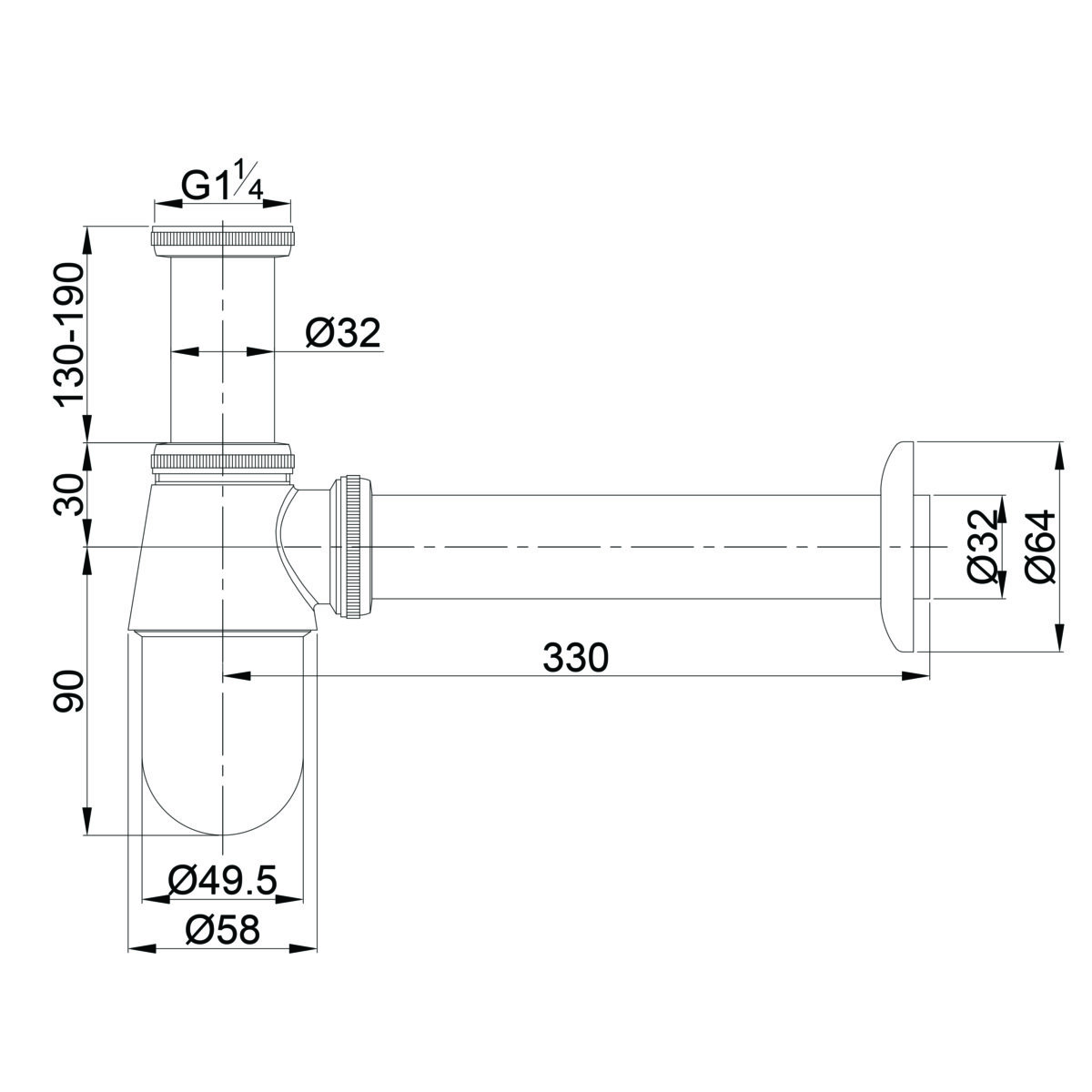 A181-40 Gio Bella Urinal bottle trap Standard 40mm_Stiles_TechDrawing_Image