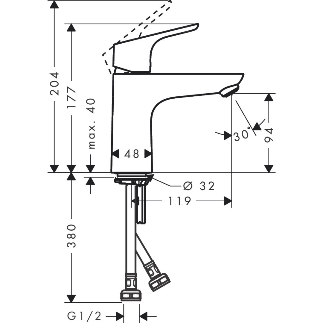 31517223 Hansgrohe Decor Basin mixer 100 without waste set_Stiles_TechDrawing_Image