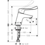 31910223 Hansgrohe Decor Basin mixer 70 with extra long handle without waste set_Stiles_TechDrawing_Image