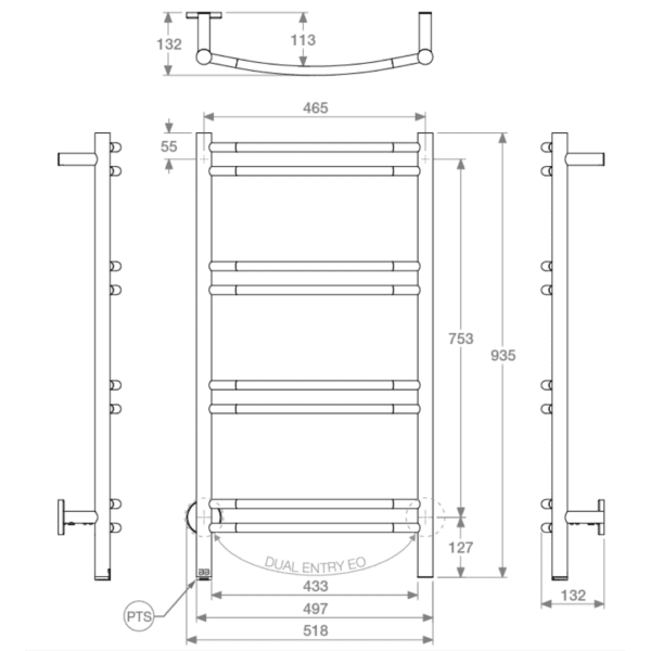 Bathroom Butler Contour 6 Bar Heated Rail with PTS 530mm_Stiles_TechDrawing_Image