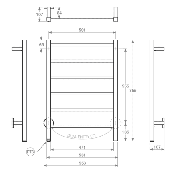 Bathroom Butler Natural 8 Bar Heated Rail with PTS 500mm_Stiles_TechDrawing_Image