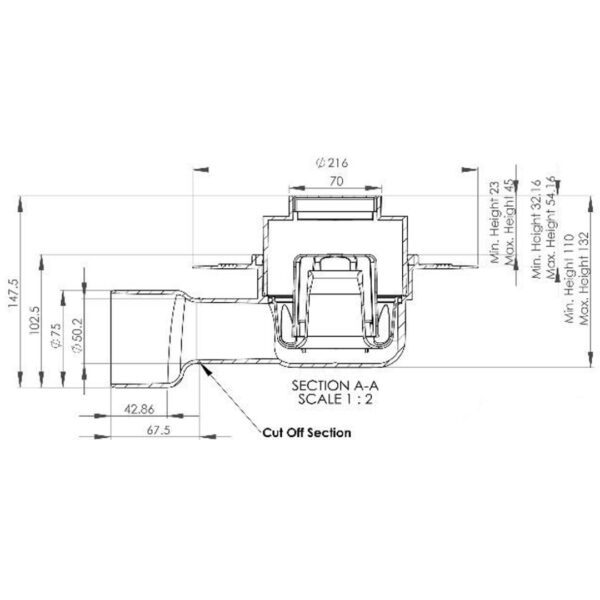 Hydrotec Michelle Linear 70mm Hori Shower Drain 300mm_Stiles_TechDrawing_Image