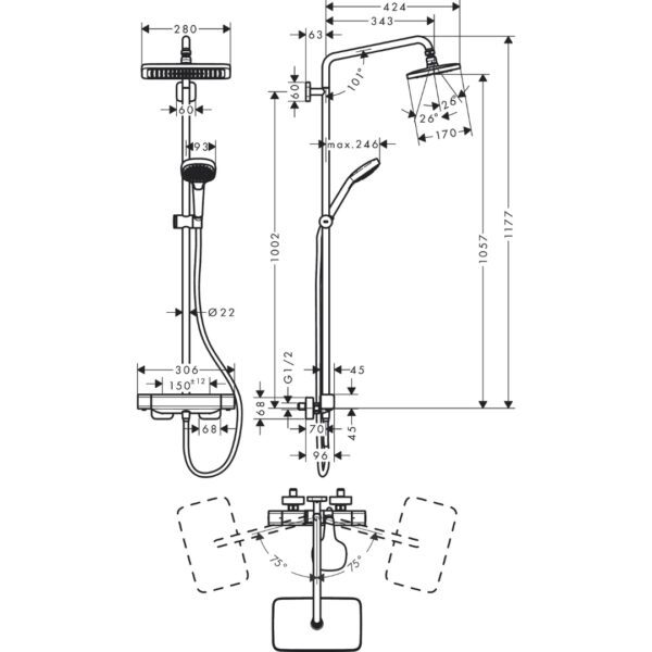 27630-000 Hansgrohe Croma E Shower Pipe with Thermostat 280mm_Stiles_TechDrawing_Image