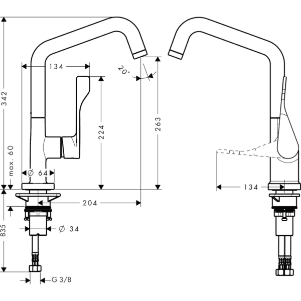 39850-003 AXOR Citterio Sink Mixer 260 (with swivel spout)_Stiles_TechDrawing_Image