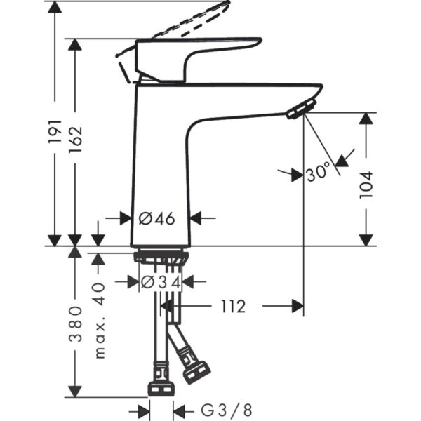 71712-993 Hansgrohe Talis E Pol Gld Opt Basin Mixer 110 without waste set_Stiles_TechDrawing_Image