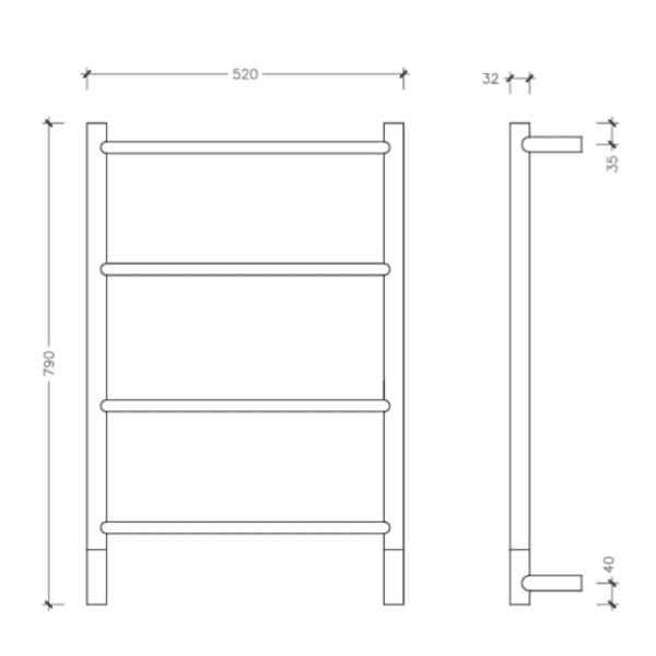 Jeeves Spartan I SS Heated Rail (Straight) 520x790mm LH_Stiles_TechDrawing_Image