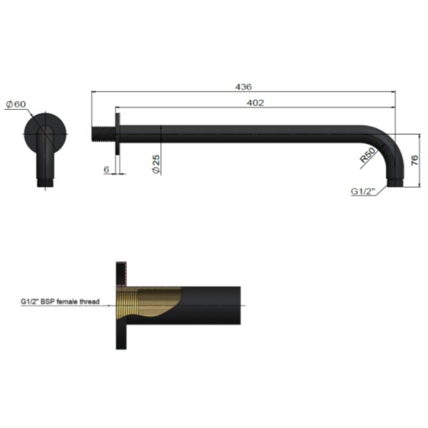 MA09-400 Meir Round Champagne Curved Wall Shower Arm_Stiles_TechDrawing_Image