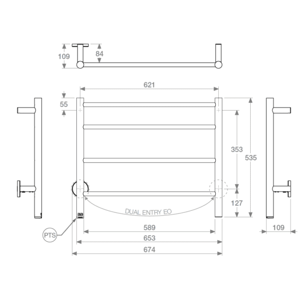 NAT04231-PTS-POLS Bathroom Butler Natural Stainless Steel 4 Bar Heated Rail 650mm_Stiles_TechDrawing_image