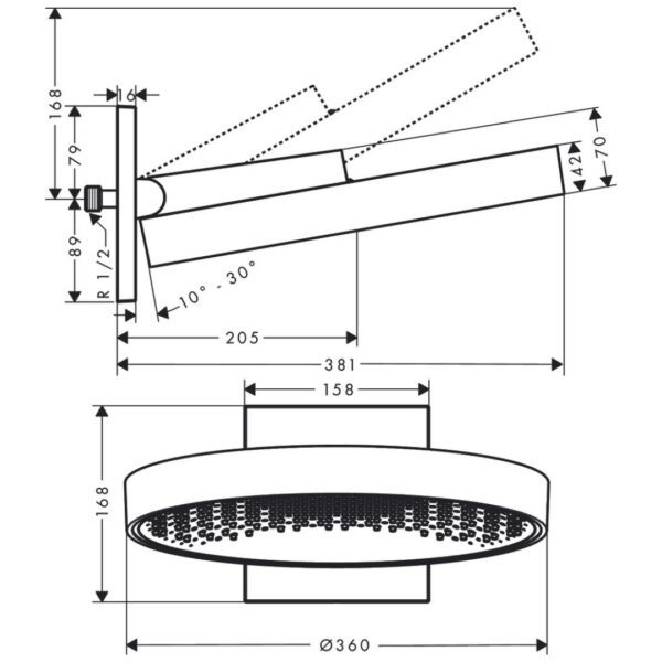26230000 Hansgrohe Rainfinity Overhead Shower 360mm 1 Jet with Wall Connector_Stiles_TechDrawing_Image