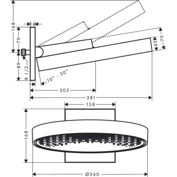 26230140 Hansgrohe Rainfinity Brushed Bronze Overhead Shower 360mm 1 Jet with Wall Connector_Stiles_TechDrawing_Image