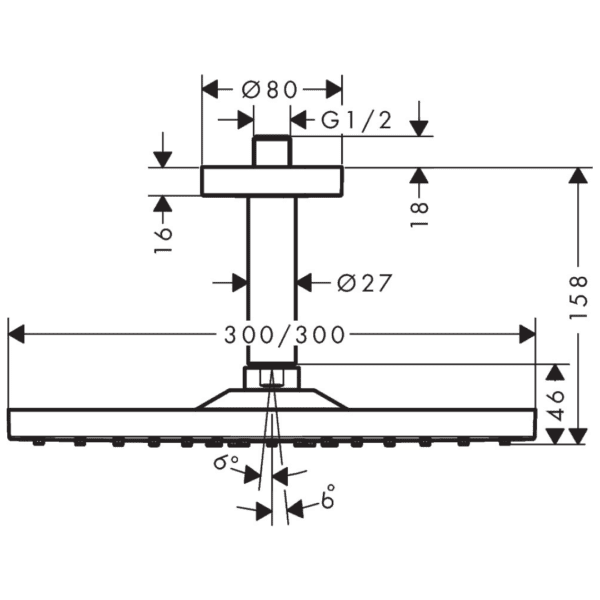 26250000 Hansgrohe Raindance E Shower Head 1 Jet with Ceiling Connector 300mm_Stiles_TechDrawing_Image