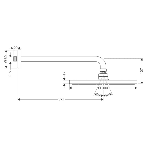 27493000 Hansgrohe Raindance S Shower Head 300mm with Shower Arm_Stiles_TechDrawing_Image