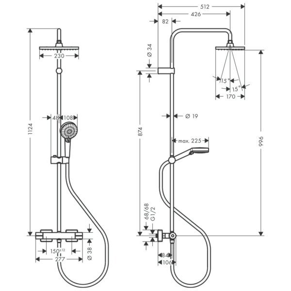 26097670 Hansgrohe Vernis Shape Matt Black EcoSmart Showerpipe with Thermostat_Stiles_TechDrawing_Image