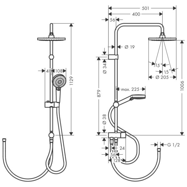 26272000 Hansgrohe Vernis Blend Overhead and Hand Shower Set_Stiles_TechDrawing_Image