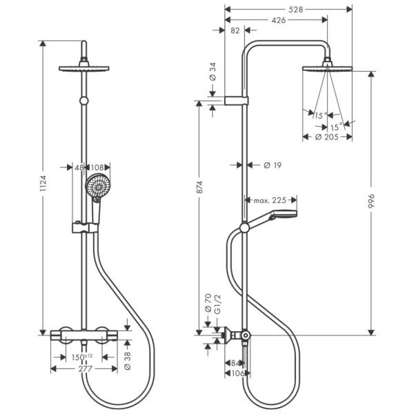 Hansgrohe Vernis Blend Shower Pipe Set with Thermostat 200mm_Stiles_TechDrawing_Image