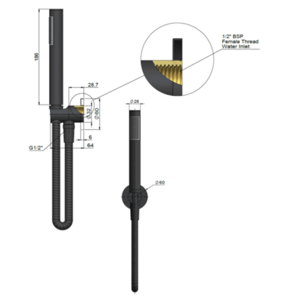 MZ08-R-CH Meir Round Champagne Hand Shower on Fixed Bracket_Stiles_TechDrawing_Image
