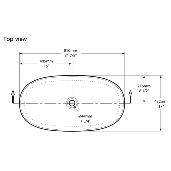 V+A Ios 80 White Gloss Counter Top Basin 432x810x147mm_Stiles_TechDrawing_Image