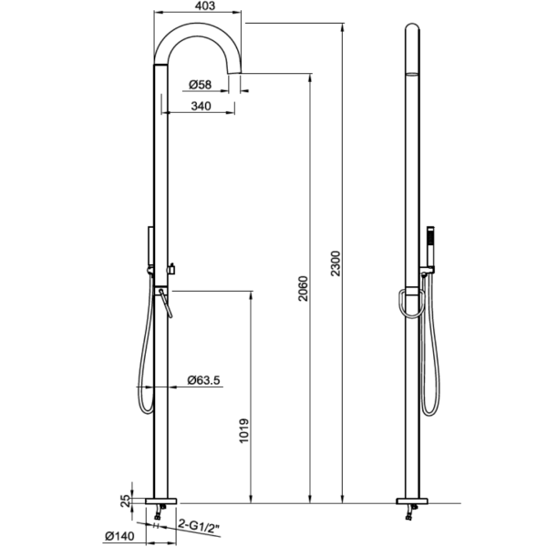 Jee-O Original 02 Brushed Stainless Steel Freestanding Shower and Hand Shower_Stiles_TechDrawing_Image