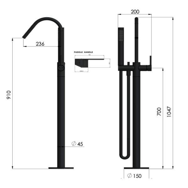 MB09PD-CH Meir Round Champagne Paddle FreeStanding Bath Spout and Hand Shower_Stiles_TechDrawing_Image