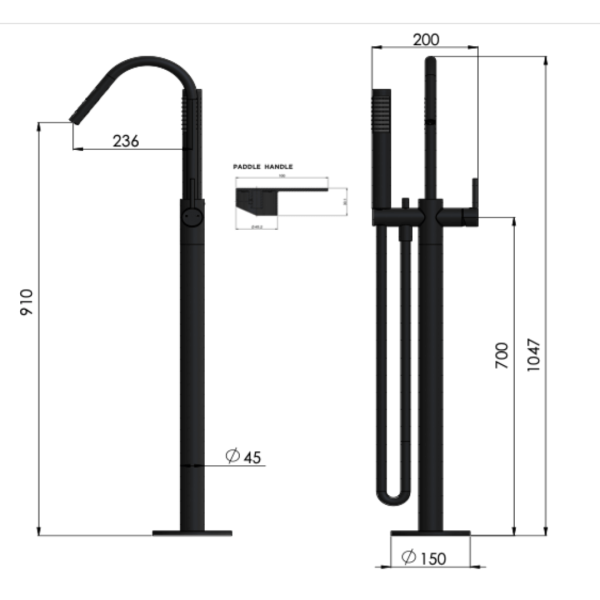 MB09PD-PVDGM Meir Round Gun Metal Freestanding Bath Spout and Hand Shower_Stiles_TechDrawing_Image