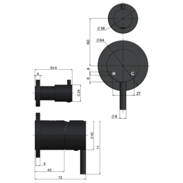 MW07TS-FIN-PVDGM Meir Round Gun Metal Diverter Mixer_Stiles_TechDrawing_Image