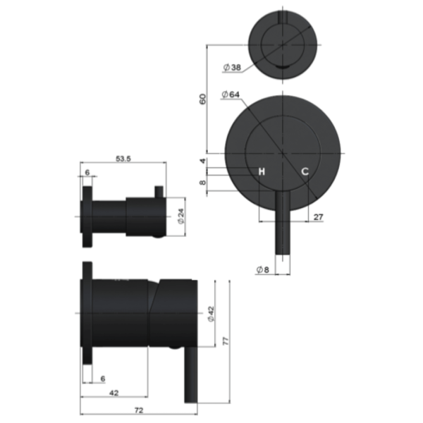 MW07TSPN-FIN-PVDGM Meir Round Gun Metal Pinless Diverter Mixer_Stiles_TechDrawing_Image