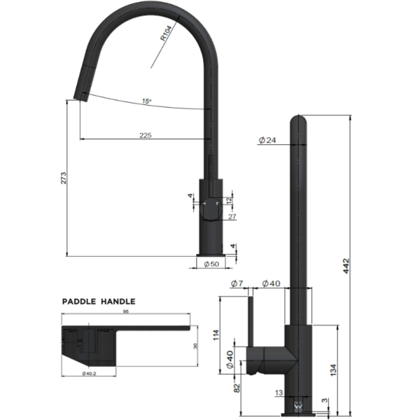 MK17PD-C Meir Piccola Round Paddle Handle Pull Out Kitchen Mixer_Stiles_TechDrawing_Image