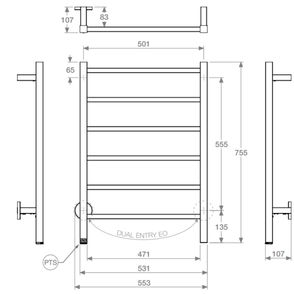 Bathroom Butler Cubic Stainless Steel 6 Bar Heated Rail 530mm_Stiles_TechDrawing_Image