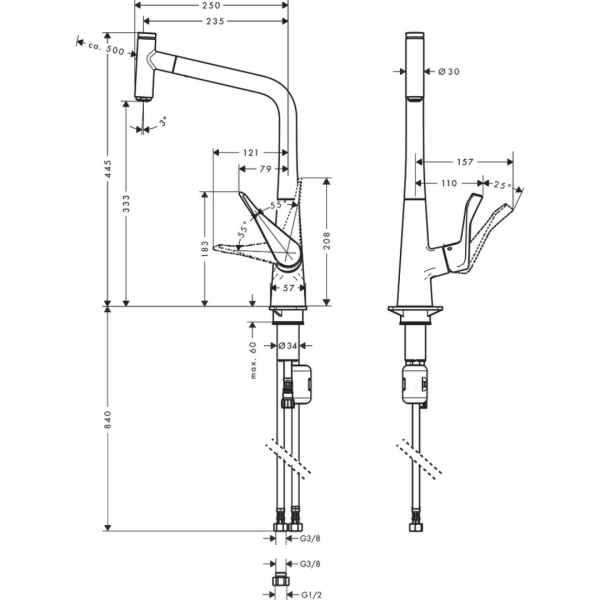 14884003 Hansgrohe Metris Select M71 Pull-Out Sink Mixer 320_Stiles_TechDrawing_Image