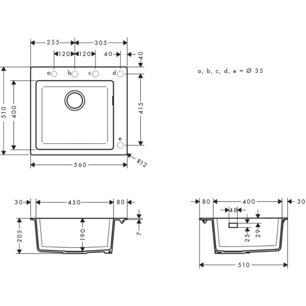 43312170 Hansgrohe S51 Graphite Black S510-F450 Built-in Sink 450_Stiles_TechDrawing_Image