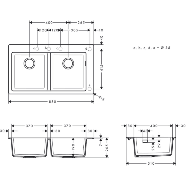 43316170 Hansgrohe S51 Graphite Black S510-F770 Built-in Sink 370:370_Stiles_TechDrawing_Image