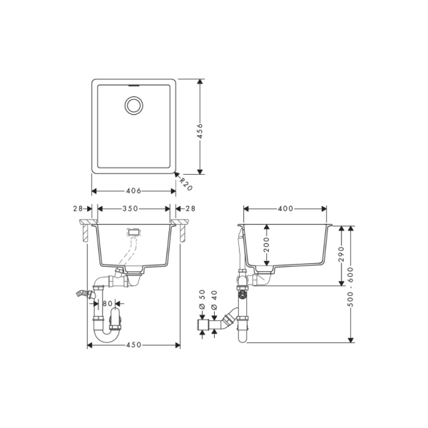 43349170 Hansgrohe S52 Graphite Black S520-F350 Built-in Sink with Manual Waste Set_Stiles_TechDrawing_Image