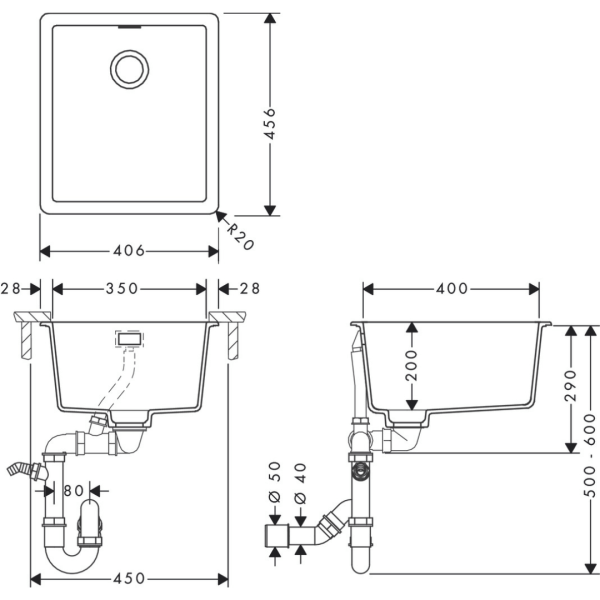 43349380 Hansgrohe S52 Concrete Grey S520-F350 Built-in Sink with Manual Waste Set_Stiles_TechDrawing_Image