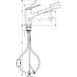 74800673 Hansgrohe Zesis M33 Matt Black Pull Out Kitchen Mixer 150_Stiles_TechDrawing_Image