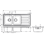 43352800 Hangrohe S31 Sink with Manual Waste Set 500x1160x209mm_Stiles_TechDrawing_Image