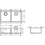 43430800 Hansgrohe S71 Undercounter Double Sink 450x815x190mm_Stiles_TechDrawing_Image