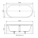 BTW1700 Boutique Baths Omina Back to Wall Matt White Bath 1695x806x550mm_Stiles_TechDrawing_Image