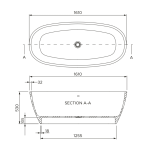 VIO001 Boutique Baths Violetta Matt White Bath 1610x750x530mm_Stiles_TechDrawing_Image