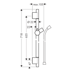 28632990 Hansgrohe Unica Polished Gold Optic Bar S Puro 650mm with Isiflex Shower Hose_Stiles_TechDrawing_Image